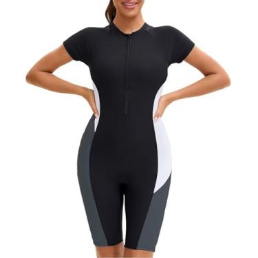 Imagem de HISETPFDE Maiô feminino monoquíni de manga curta com zíper e surfe FPS 50, Cinza, Medium