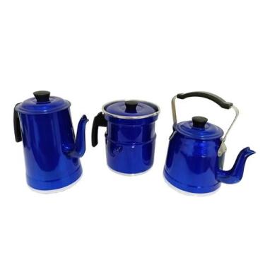 Imagem de Jogo Café Completo, Leiteira C/Apito Bule Chaleira Azul - Docesar Alum