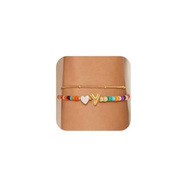 Imagem de Eaciy Pulseiras coloridas com inicial para mulheres e meninas - Pulseira com pingente de coração banhado a ouro 14K com letra inicial Daint A-Z, joias de verão, presentes para meninas adolescentes, 8