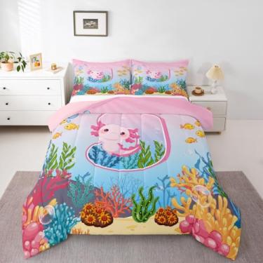 Imagem de Erosebridal Conjunto de edredom Axolotl rosa, tamanho casal, personalizado, letra J, para crianças, meninas, adolescentes, conjunto de cama fofa oceano salamandra, rosa, azul, mundo subaquático