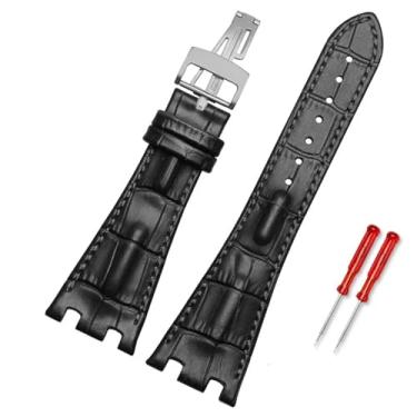 Imagem de FULNES Pulseira de couro masculina adequada para AP Abbey Royal Oak AP15710 15703 corrente de couro entalhada para relógio de 28 mm (prata preta, fivela de ouro rosa)