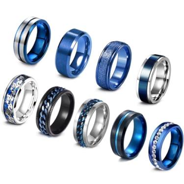 Imagem de EIELO 9 anéis de aço inoxidável para homens e mulheres Cool Fidget Spinning Chain Ring Ansiety Relief Fashion Simple Wedding Engagement Black Ring Set, 7, Aço inoxidável, Zircônia cúbica