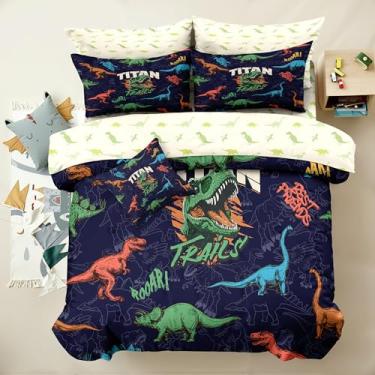 Imagem de Yadangxiawa Jogo de cama queen com dinossauro, 6 peças, para adolescentes, com 1 colcha + 1 lençol de cima + 1 lençol com elástico + 2 fronhas + 1 capa de almofada (B-dinossauro queen)