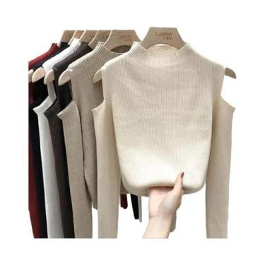 Imagem de Suéter De Malha Feminino De Manga Longa Com Ombros Descidos E Gola Alt