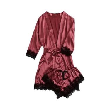 Imagem de Conjunto de Pijama Sexy Feminino em Cetim - 4 Peças com Roupão, BR-G, 