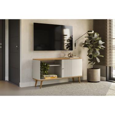 Imagem de Rack Bancada p/ TV até 50 Pol Rubi 1 Pta 1 Prat c/ Pés 120x64cm Nature/Off White - Linea Brasil