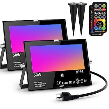 Imagem de Luz de inundação LED para ambientes externos RGB mudança de cor + 400 W Equivalente 2700 k Branco quente 4000LM Refletor (controle remoto, estroboscópio de 120 cores, regulável, sincronização, 3 plugues dos EUA) Luzes de paisagem de palco para lavagem de parede 2 pacotes