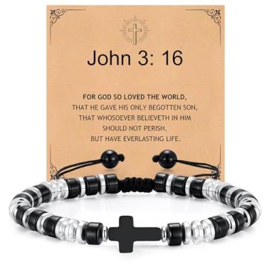 Imagem de Pulseiras masculinas com contas de cruz cristã – Pulseira masculina de ágata preta natural ajustável para confirmação de batismo e páscoa, presente legal de aniversário, dia dos namorados, pais