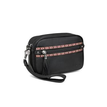 Imagem de FADEON Carteira de pulso feminina, bolsa tiracolo de couro de designer RFID com 5 zíperes, suporte para cartão de crédito, organizador de celular, Estilo retrô preto