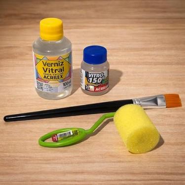 Imagem de KIT ARTESANATO - VERNIZ VITRAL + TINTA VITRO 150 INCOLOR + ROLINHO + PINCEL
