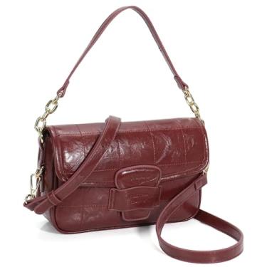 Imagem de Chinllo Bolsa transversal feminina com aba, bolsas de couro vegano com alça superior e alça ajustável, Acolchoada em vinho, Small