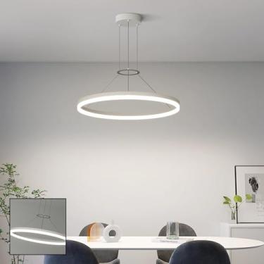 Imagem de Luminária pendente LED moderna em formato de anel, com intensidade ajustável e controle remoto, ideal para sala de estar, mesa de jantar, escritório, bar e quarto (Branco, 40cm)