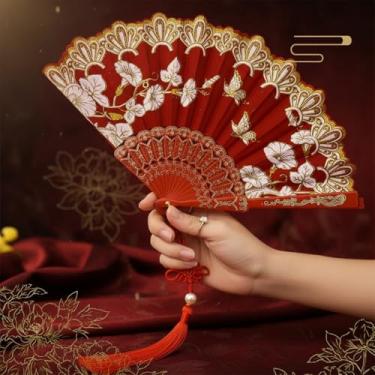 Imagem de Leque dobrável para apresentações de dança, retrô, portátil, elegante, portátil, plástico, estampa floral, feminino, acessório artístico, item decorativo
