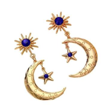 Imagem de Brincos De Estrela E Lua Retrô Em Ouro E Prata Com Pedras Sintéticas V