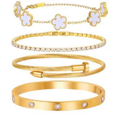 Imagem de MVCOLEDY Pulseira de amor banhada a ouro 18 K para mulheres, pulseira de 4 peças com concha sintética, corrente de trevo floral, corrente de tênis e pulseira de ouro de cristal, joia de presente para