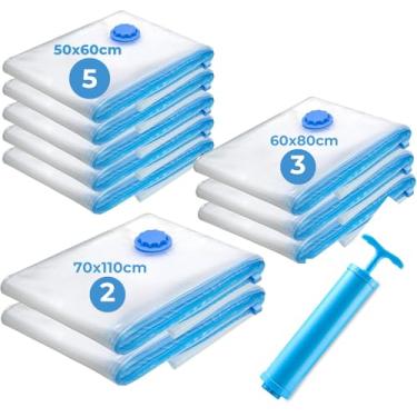 Imagem de Kit 10 Sacos a Vácuo com Bomba Manual, Organizadores para Roupas, Viagem e Cobertores, 2 Grandes, 3 Médios, 5 Pequenos. Economia de espaço e proteção reutilizável.