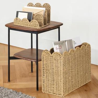 Imagem de AELS Conjunto de cesta recortada à mão de organizador de correspondência e porta-revistas, porta-correspondência estilo costeiro e porta-revistas de chão, cesta de livros boho moderna de fazenda