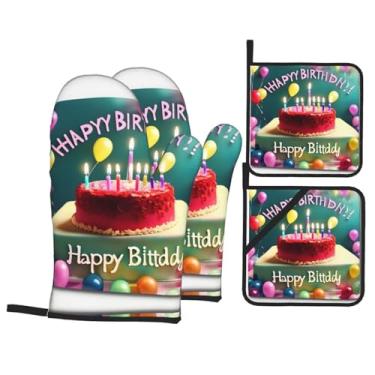 Imagem de Conjunto de luvas de forno impressas para feliz aniversário, conjunto de 4 peças adequado para grelhar, cozinhar e assar