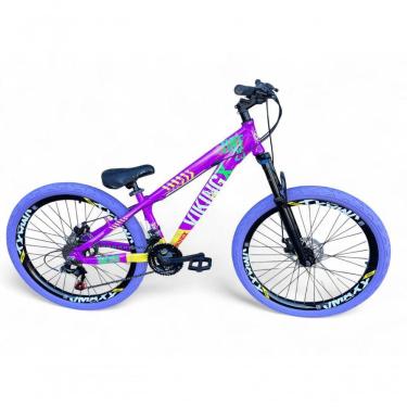 Imagem de Bicicleta Aro 26 Vikingx Tuff X25 Freeride 21v Aros Vmaxx Dh Freio A Disco Pneu Flame - Roxo-amarelo