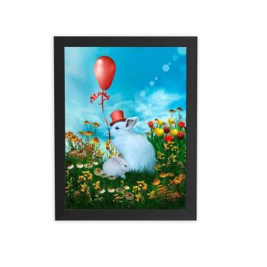 Imagem de Coelhos Brancos Arte Balão Quadro Moldura Preta 60X40Cm