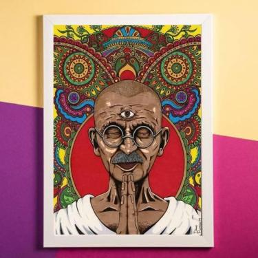 Imagem de Quadro Decorativo Desenho Gandhi 45X34Cm Com Vidro Branca