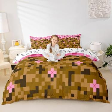 Imagem de Jogo de edredom tamanho casal, jogo de cama com tema Miner, rosa e marrom, 3 peças para decoração de quarto de crianças, meninas, meninos, adultos, capa de edredom com blocos de patchwork, 2 fronhas