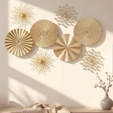 Imagem de Frienda 8 peças de decoração de parede de metal dourado grande arte de parede dourada decoração de pendurar placa radial decorativa moderna decoração de arte de metal para sala de estar quarto entrada