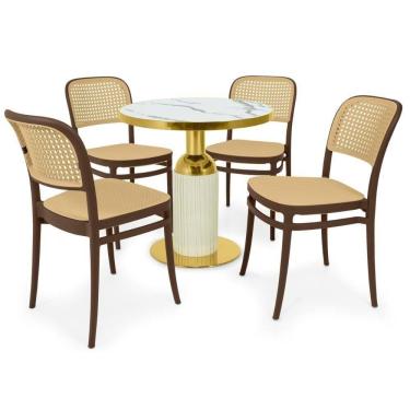 Imagem de Conjunto Mesa De Jantar Redonda Imperial 70cm Branca Com 4 Cadeiras Roma - Marrom