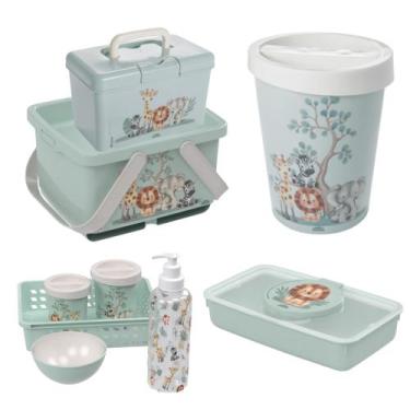 Imagem de Kit Higiene Organizador Fraldas Bebê 5 Pçs Plasútil Lixeira, Safari