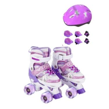 Imagem de Patins Roller Infantil Sport 4 Rodas Unicórnio Led c/ Kit Proteção, Ro