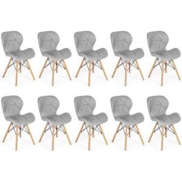 Imagem de Kit 10 Cadeiras de Jantar Charles Eames Slim Wood Estofada - Cinza - M