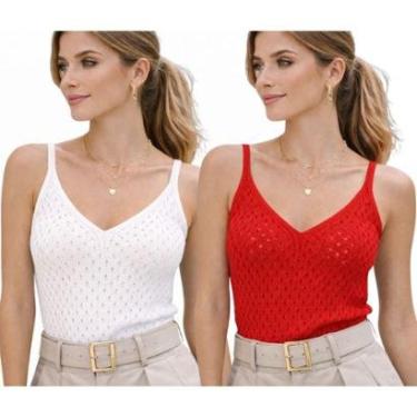 Imagem de Kit 2 Blusas Regata Feminina Tricô Alça Fina Decote V-Feminino