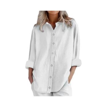 Imagem de Camisa Casual Feminina De Algodão E Linho Manga Longa Cor Sólida Com B