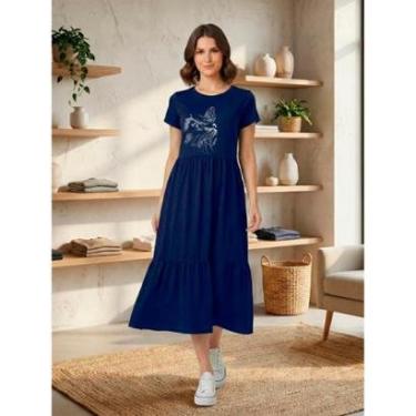 Imagem de Vestido Midi Três Marias Feminino Aveloz Estampa Gato Azul marinho-Feminino