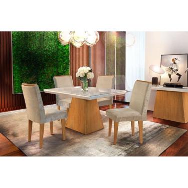 Imagem de Conjunto: Mesa Sala Jantar Luna c/ Tampo Madeirado c/ Vidro Canto Reto 120cm + 4 Cadeiras Lunara Imbuia/Capuccino Chocolate - Rufato