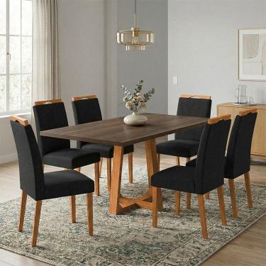 Imagem de Mesa Jantar Julia 1,6m Freijó Pés Cerejeira 6 Cadeiras Heloísa Almofadada - Preto Linho