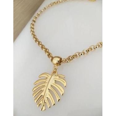Imagem de Colar corrente Feminino Elos Português com Pingente Folha Costela de A