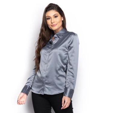 Imagem de Camisa Feminina Social Cetim Gloss Manga Longa Casual Preto GG - Teodo