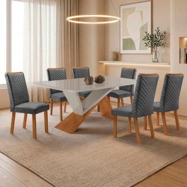Imagem de Mesa de Jantar Yasmin 180cm Tampo MDF Vidro Canto Copo com 6 Cadeiras 