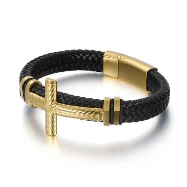 Imagem de Bracelete Pulseira Masculina Couro Luxuoso Religião Cruz - VINKIN