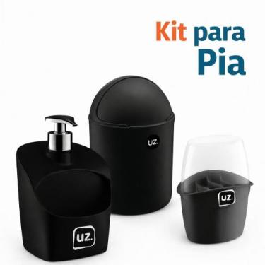 Imagem de Kit Porta Talher Com Tampa + Porta Detergente Suporte Esponja + Lixeir