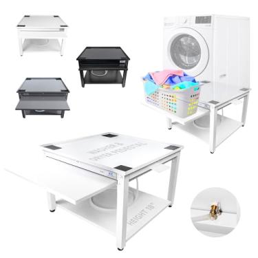 Imagem de Pedestal de lavadora e secadora com prateleira removível - 61 cm L, 45 cm A, ajuste universal de aço branco com as principais marcas | Pedestal de lavanderia com bandeja de drenagem e mangueira |