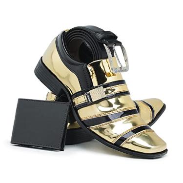 Imagem de Kit Sapato Social Masculino + Carteira e Cinto Verniz Brilho (38, Dourado/Preto)