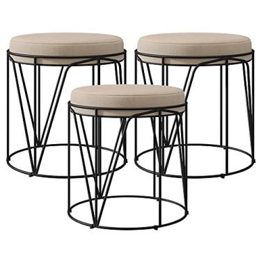 Imagem de Kit 03 Puffs Decorativo Aramado Preto Zaya L02 Suede Bege - Lyam Decor