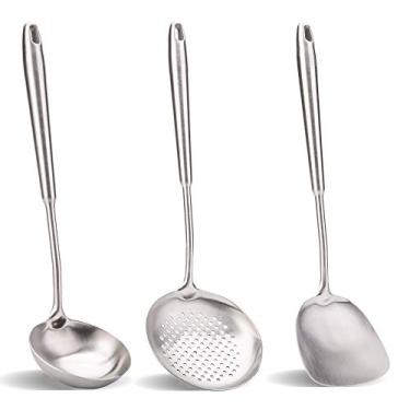 Imagem de Espátula e concha wok, conjunto de ferramentas de concha de escumadeira, conjunto de utensílios wok chineses, todos os utensílios de cozinha de aço inoxidável 304 de metal (38 cm, 38 cm, 35 cm)