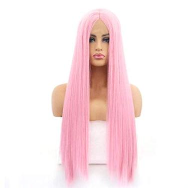 Imagem de DAQ Peruca feminina fashion rosa com tela frontal de seda de alta temperatura e meia mão com gancho longo e liso de fibra química, perucas