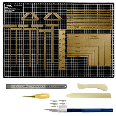 Imagem de Base Apoio de Corte 45x30 Preta Kit Scrapbook Encadernação Réguas e Gabaritos em Mdf Régua 30cm (Estilete Azul)