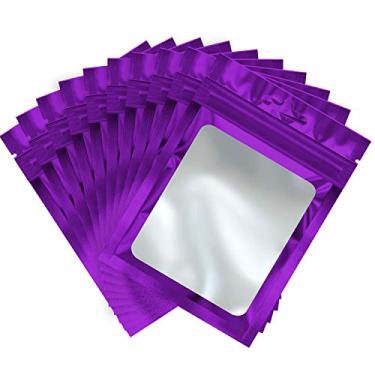 Imagem de 100 peças de sacos de armazenamento de alimentos Mylar Ziplock com janela transparente para armazenamento de alimentos (roxo, 10 x 15 cm)