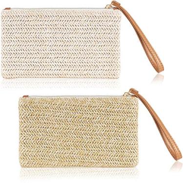 Imagem de Frienda 2 peças bolsa clutch de palha para mulheres verão praia bolsa de palha boêmia bolsa de pulso, Bege-branco, bege-amarelo, approx. 20 x 11.5 cm