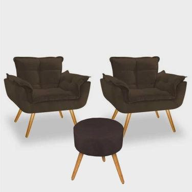 Imagem de Conjunto 2 Poltronas 1 Puff Redondo Pés Palito Suede Marrom